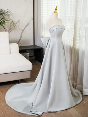 Strapless Sweetheart Neck Silver Gray Satin Long Prom Dresses, Gray Satin Long Formal Evening Dresses