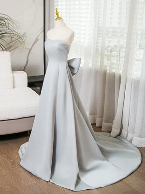 Strapless Sweetheart Neck Silver Gray Satin Long Prom Dresses, Gray Satin Long Formal Evening Dresses