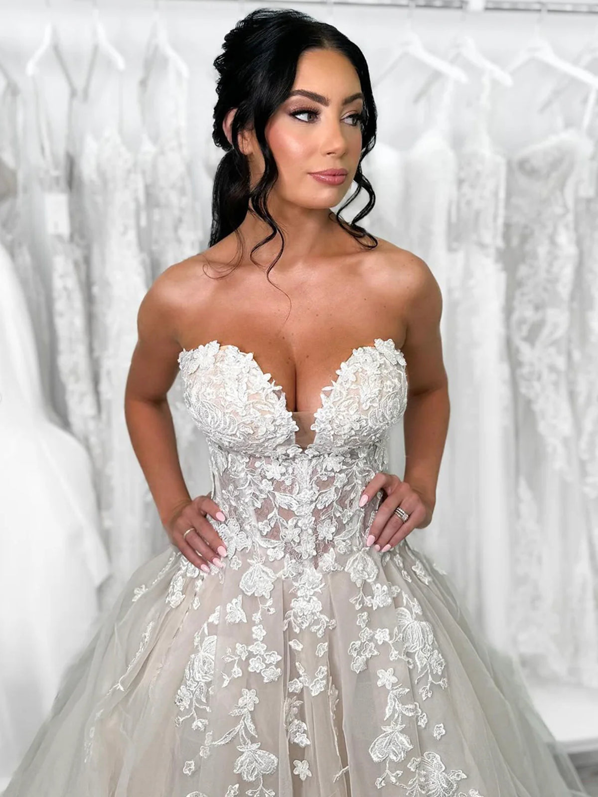 Strapless V Neck Champagne Lace Long Prom Dresses, Champagne Lace Wedding Dresses Strapless V Neck Champagne Lace Long Prom Dresses, Champagne Lace Wedding Dresses