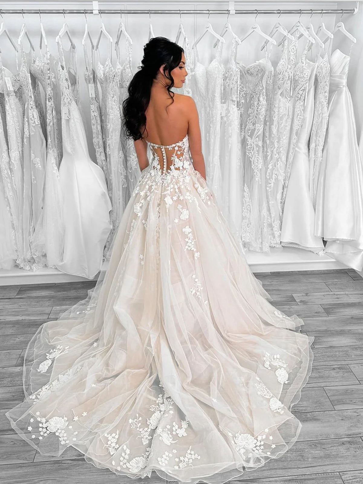 Strapless V Neck Champagne Lace Long Prom Dresses, Champagne Lace Wedd - shegown Strapless V Neck Champagne Lace Long Prom Dresses, Champagne Lace Wedd - shegown