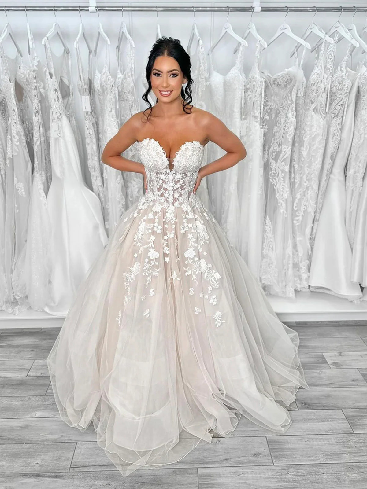 Strapless V Neck Champagne Lace Long Prom Dresses, Champagne Lace Wedd - shegown Strapless V Neck Champagne Lace Long Prom Dresses, Champagne Lace Wedd - shegown