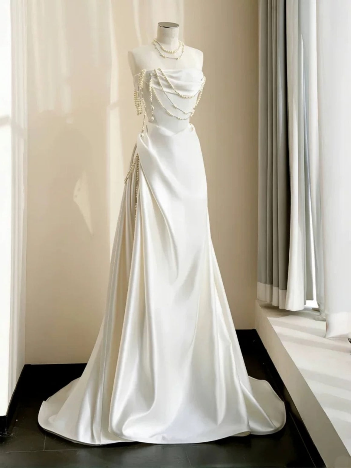 Strapless White Beaded Wedding Dresses, White Beaded Bridal Gowns