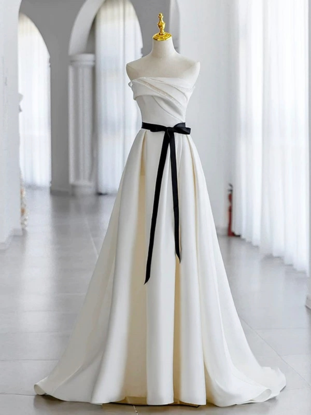 Strapless White Satin Wedding Dresses, White Satin Long Prom Formal Dresses