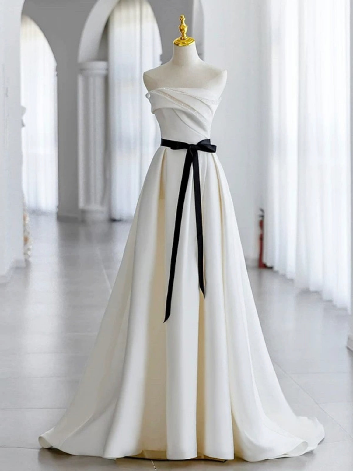 Strapless White Satin Wedding Dresses, White Satin Long Prom Formal Dresses