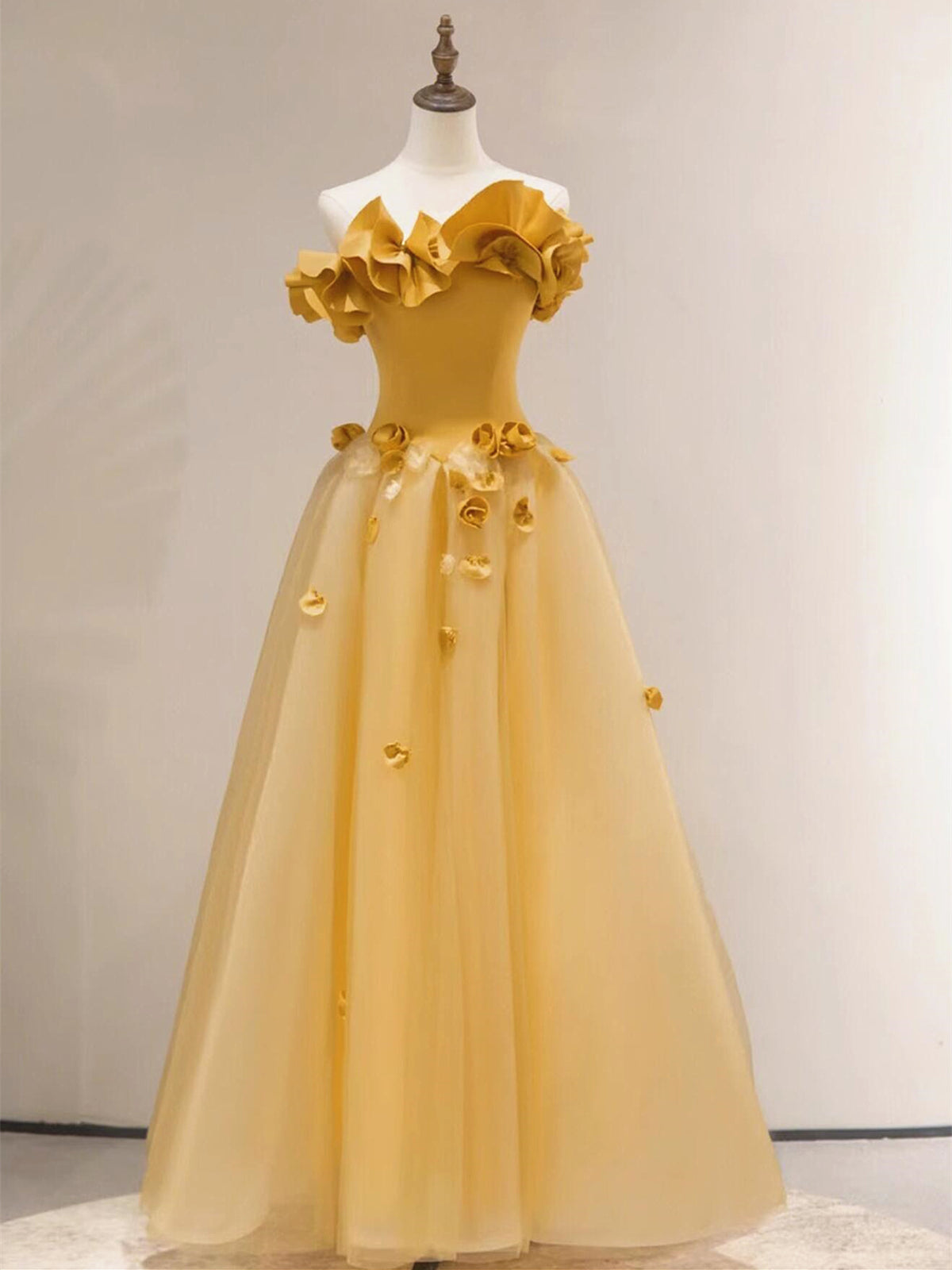 Strapless Yellow Floral Long Prom Dresses, Strapless Yellow Long Forma ...