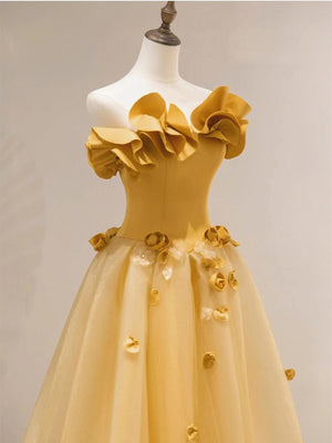 Strapless Yellow Floral Long Prom Dresses, Strapless Yellow Long Formal Evening Dresses
