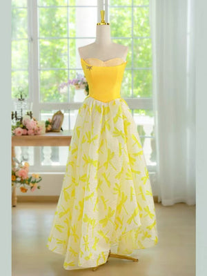 Strapless Yellow Lace Floral Long Prom Dresses, Strapless Yellow Long Lace Floral Formal Evening Dresses