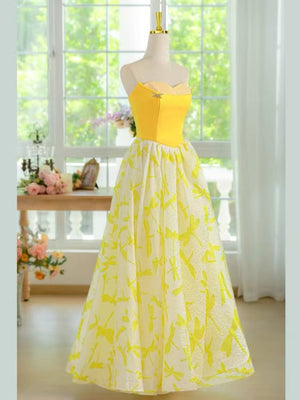 Strapless Yellow Lace Floral Long Prom Dresses, Strapless Yellow Long Lace Floral Formal Evening Dresses