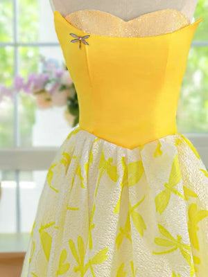 Strapless Yellow Lace Floral Long Prom Dresses, Strapless Yellow Long Lace Floral Formal Evening Dresses