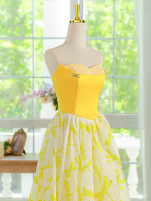 Strapless Yellow Lace Floral Long Prom Dresses, Strapless Yellow Long Lace Floral Formal Evening Dresses