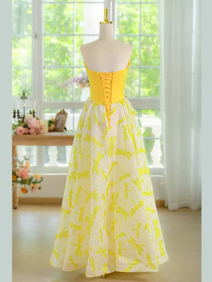 Strapless Yellow Lace Floral Long Prom Dresses, Strapless Yellow Long Lace Floral Formal Evening Dresses