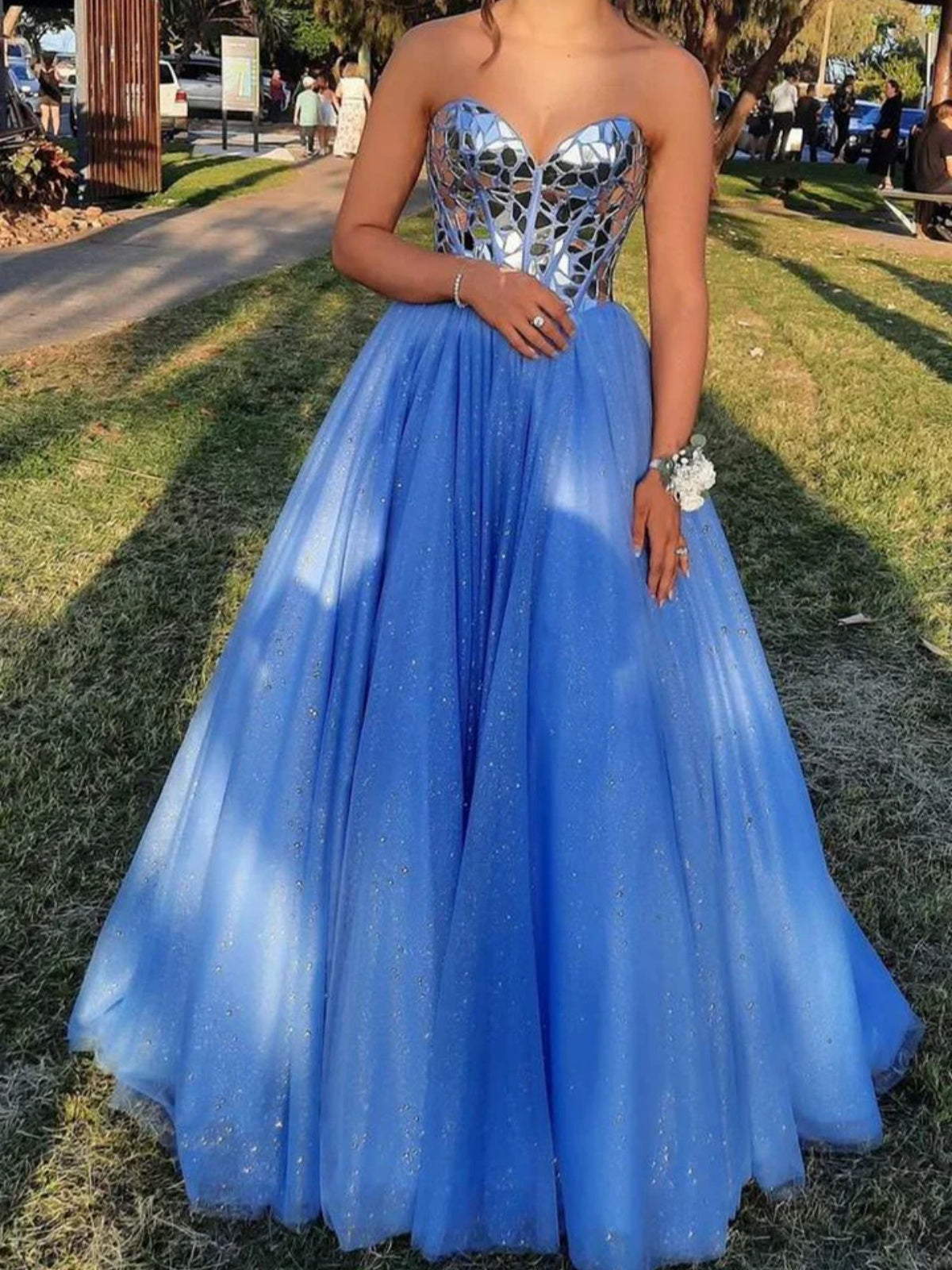 Sweetheart Neck Black Pink Blue Long Prom Dresses, Long Mirror Beaded Formal Evening Dresses, US 12 / Blue as Pics / No Rush Sweetheart Neck Black Pink Blue Long Prom Dresses, Long Mirror Beaded Formal Evening Dresses, US 12 / Blue as Pics / No Rush