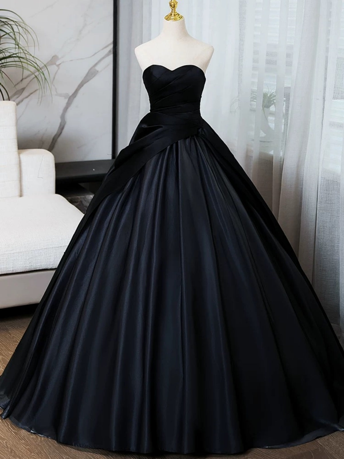 Sweetheart Neck Black Puffy Satin Prom Dresses, Black Satin Long Formal Evening Dresses