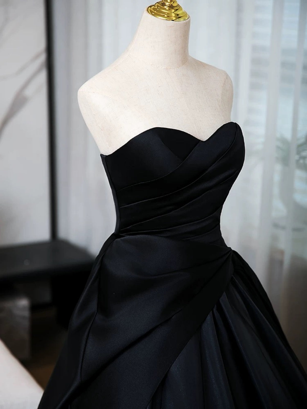 Sweetheart Neck Black Puffy Satin Prom Dresses, Black Satin Long Forma - shegown Sweetheart Neck Black Puffy Satin Prom Dresses, Black Satin Long Forma - shegown
