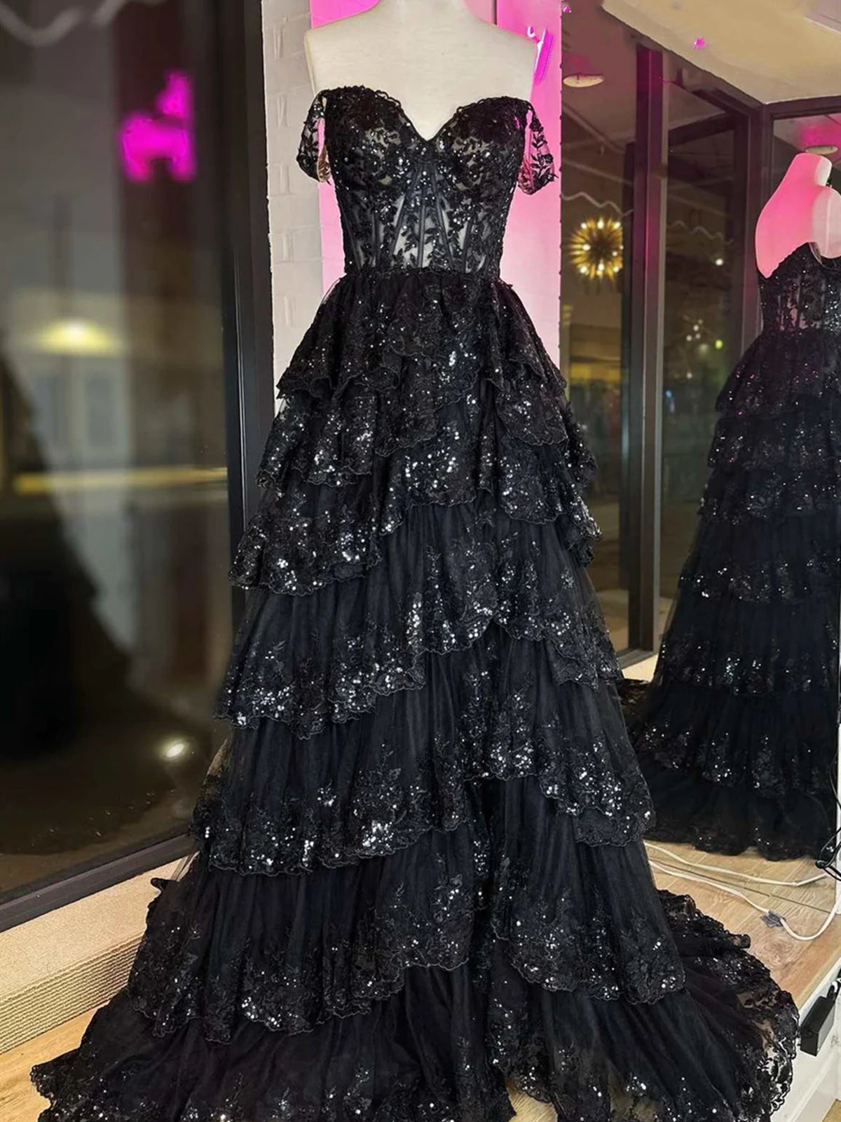 Sweetheart Neck Blue Pink Black Sequin Long Prom Dresses, Sequin Long - shegown Sweetheart Neck Blue Pink Black Sequin Long Prom Dresses, Sequin Long - shegown