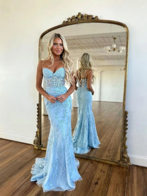 Sweetheart Neck Mermaid Lace Prom Dresses, Mermaid Lace Formal Evening Dresses