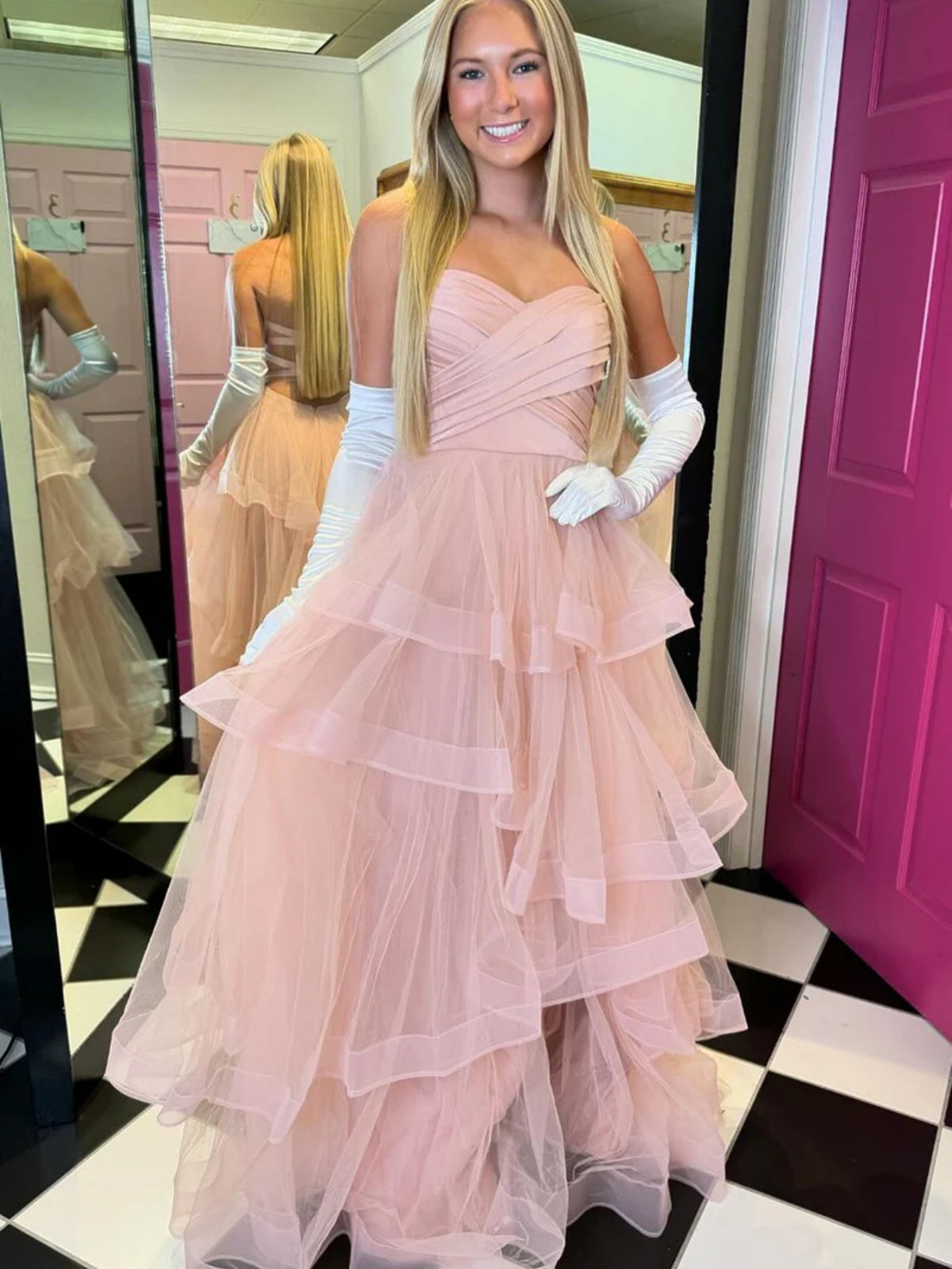 Sweetheart Neck Pink Layered Prom Gown, Pink Long Formal Evening Dress - shegown Sweetheart Neck Pink Layered Prom Gown, Pink Long Formal Evening Dress - shegown