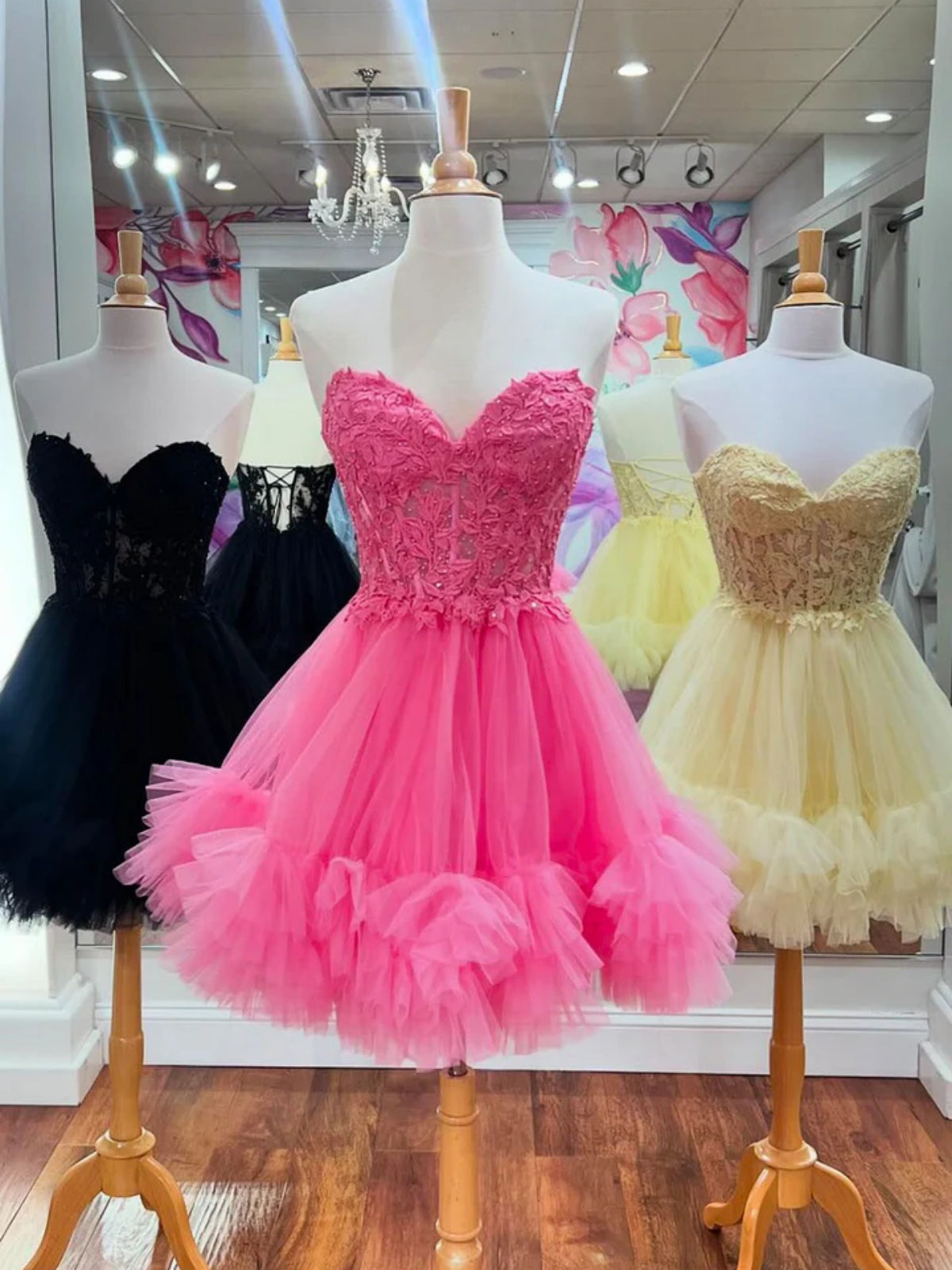 Sweetheart Neck Short Black Pink Yellow Lace Tulle Prom Dresses, Short - shegown Sweetheart Neck Short Black Pink Yellow Lace Tulle Prom Dresses, Short - shegown