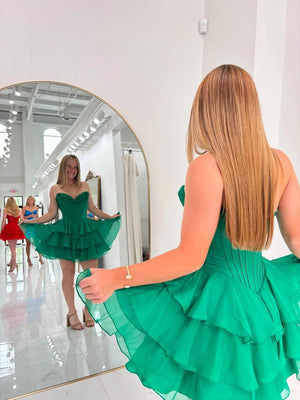 Sweetheart Neck Short Green Yellow Red Layered Prom Dresses, Short Layered Formal Homecoming Dresses