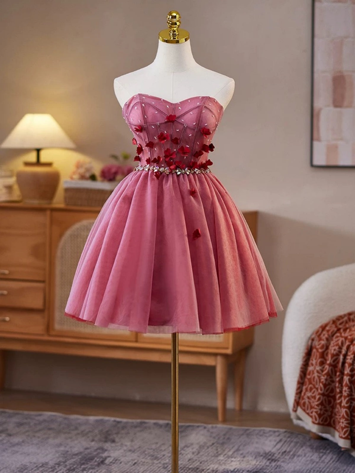 Sweetheart Neck Short Red Floral Prom Dresses, Burgundy Short Floral F - shegown Sweetheart Neck Short Red Floral Prom Dresses, Burgundy Short Floral F - shegown