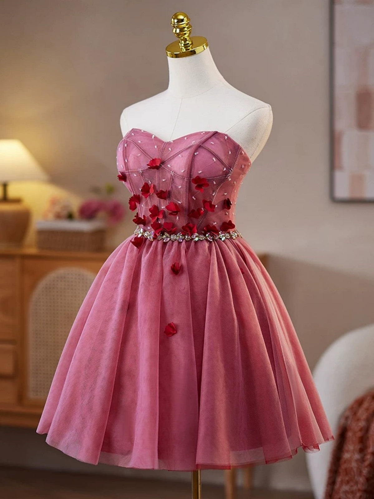 Sweetheart Neck Short Red Floral Prom Dresses, Burgundy Short Floral F - shegown Sweetheart Neck Short Red Floral Prom Dresses, Burgundy Short Floral F - shegown