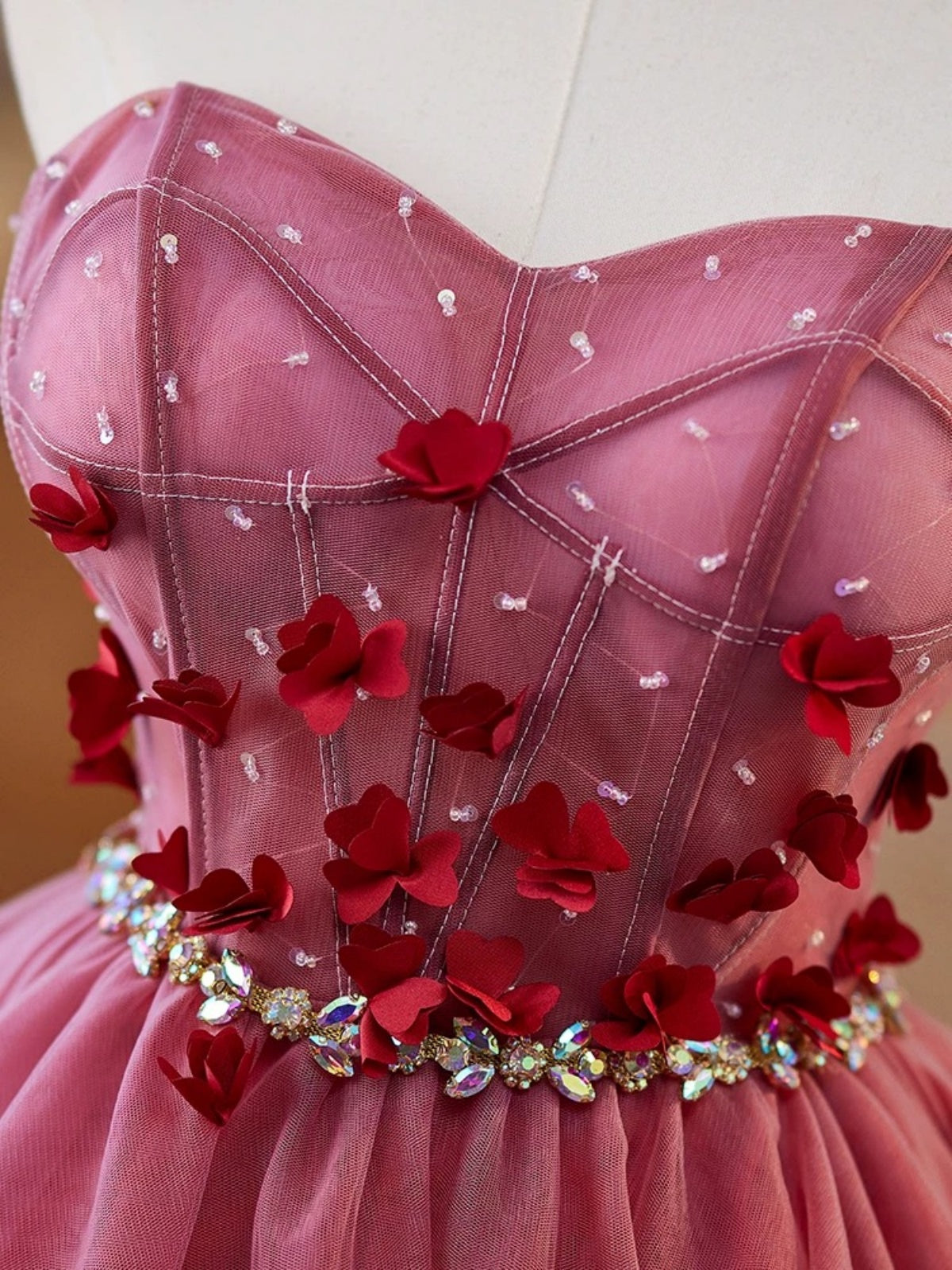 Sweetheart Neck Short Red Floral Prom Dresses, Burgundy Short Floral F - shegown Sweetheart Neck Short Red Floral Prom Dresses, Burgundy Short Floral F - shegown