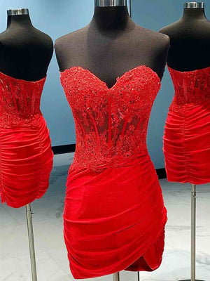Sweetheart Neck Short Red Lace Prom Dresses, Short Red Lace Formal Homecoming Dresses