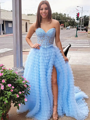 Sweetheart Neck Yellow Blue Pink Lace Prom Dresses, Strapless Multi Layers Long Lace Formal Dresses