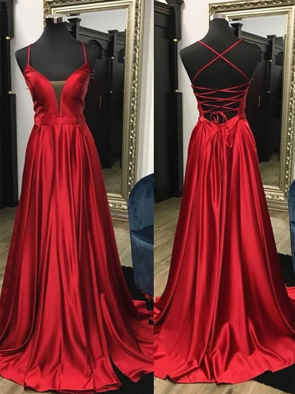 V Neck Backless Red Prom Dresses Long, Open Back Red Long Formal Eveni