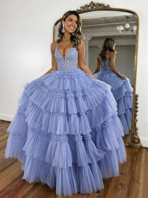 V Neck Beaded Blue Lace Long Prom Dresses, Layered Blue Lace Formal Dresses, Blue Evening Dresses