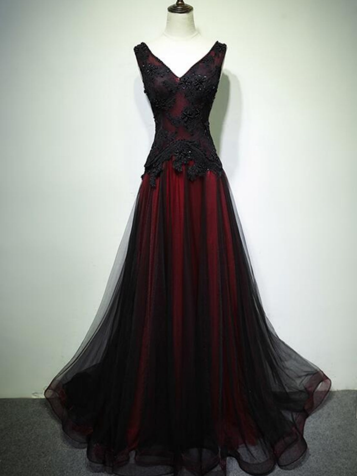 V Neck Black Burgundy Tulle Long Prom Dresses, Black Wine Red Beaded Long Formal Dresses