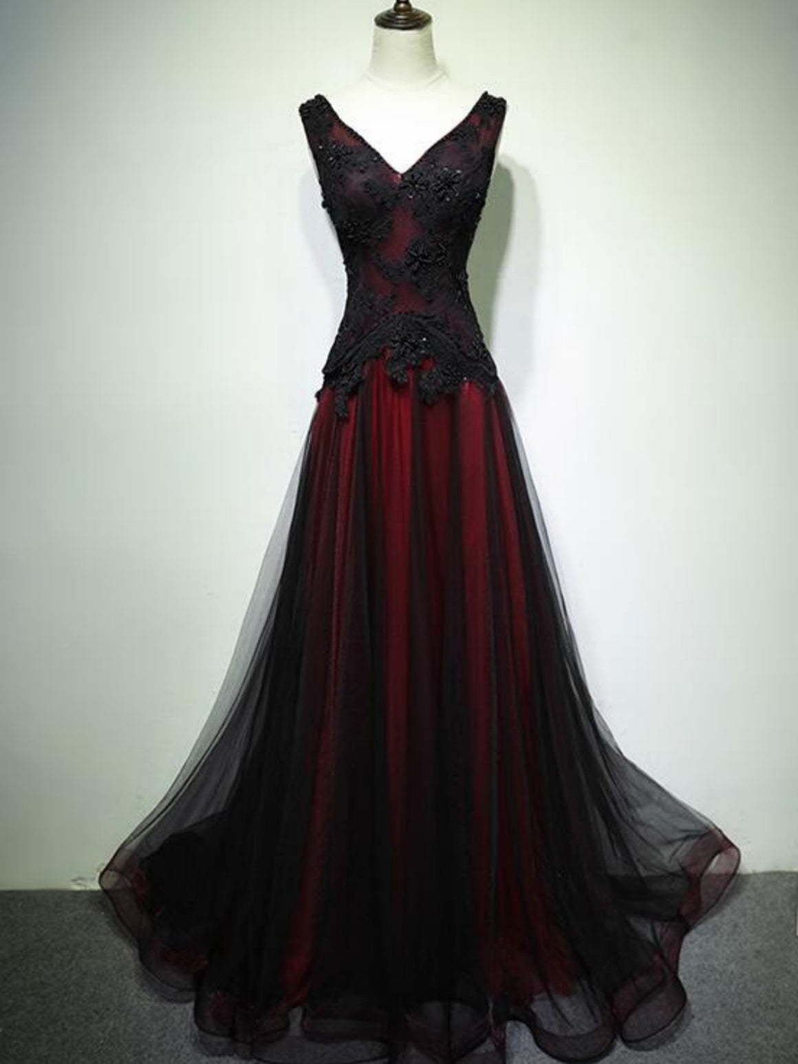 V Neck Black Burgundy Tulle Long Prom Dresses, Black Wine Red Beaded Long Formal Dresses