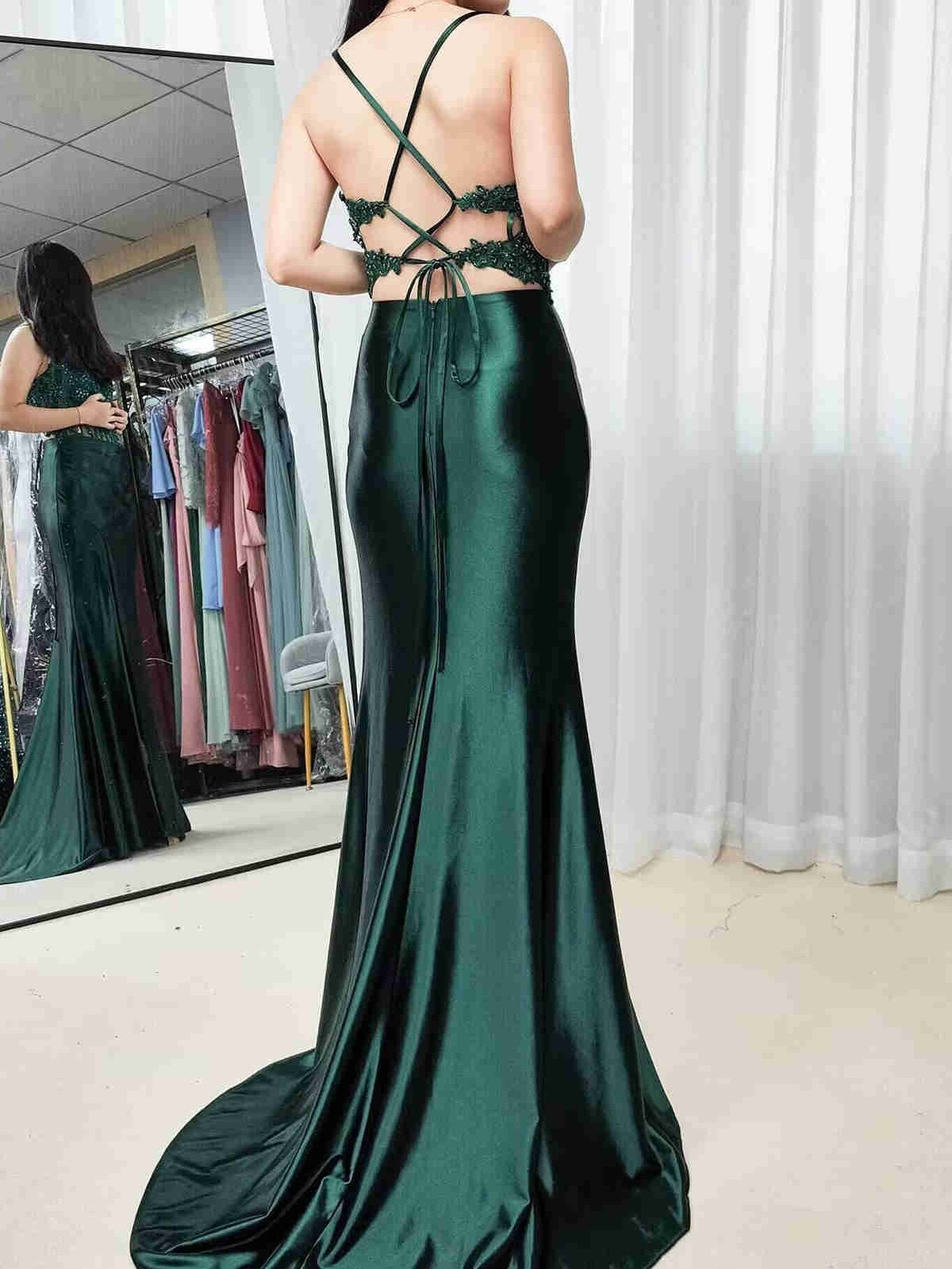 V Neck Black Green Burgundy Mermaid Lace Prom Dresses, V Neck Burgundy - shegown V Neck Black Green Burgundy Mermaid Lace Prom Dresses, V Neck Burgundy - shegown