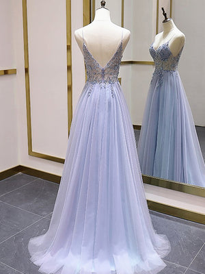 V Neck Blue Beaded Tulle Long Prom Dresses, Blue V Neck Long Formal Evening Dresses