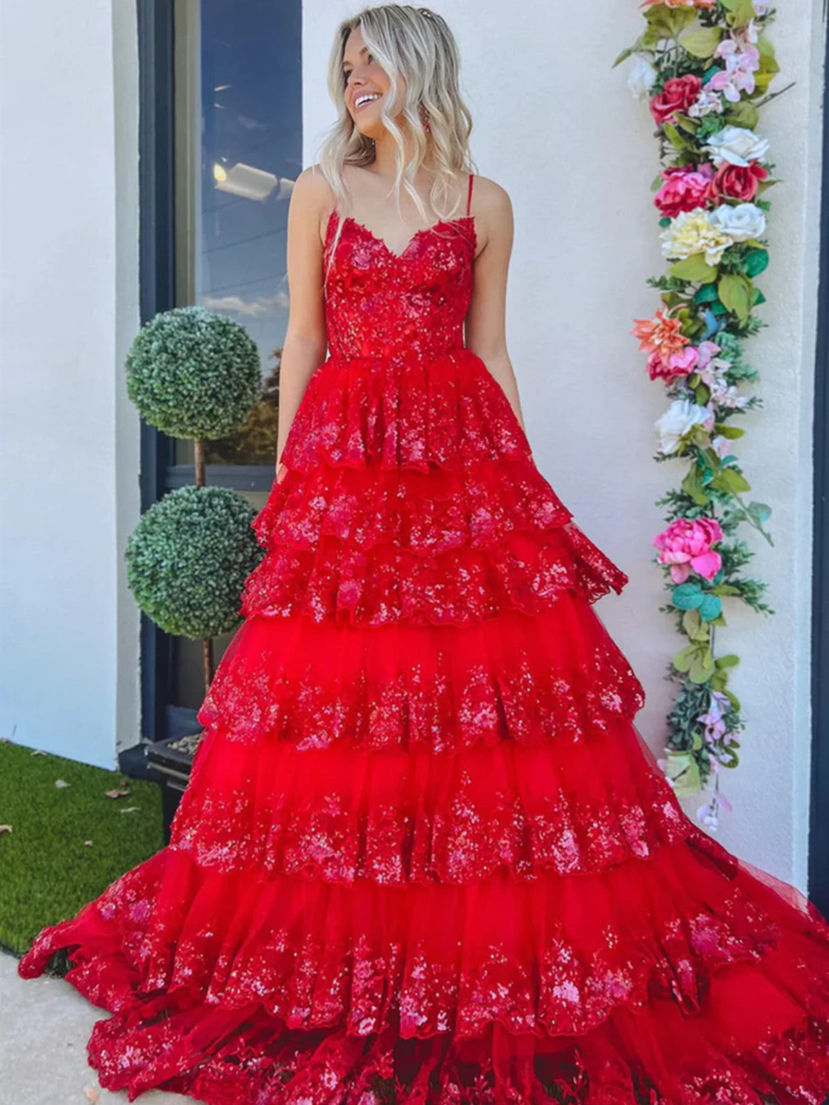V Neck Blue White Red Black Layered Lace Prom Dresses, V Neck LayeredL - shegown V Neck Blue White Red Black Layered Lace Prom Dresses, V Neck LayeredL - shegown