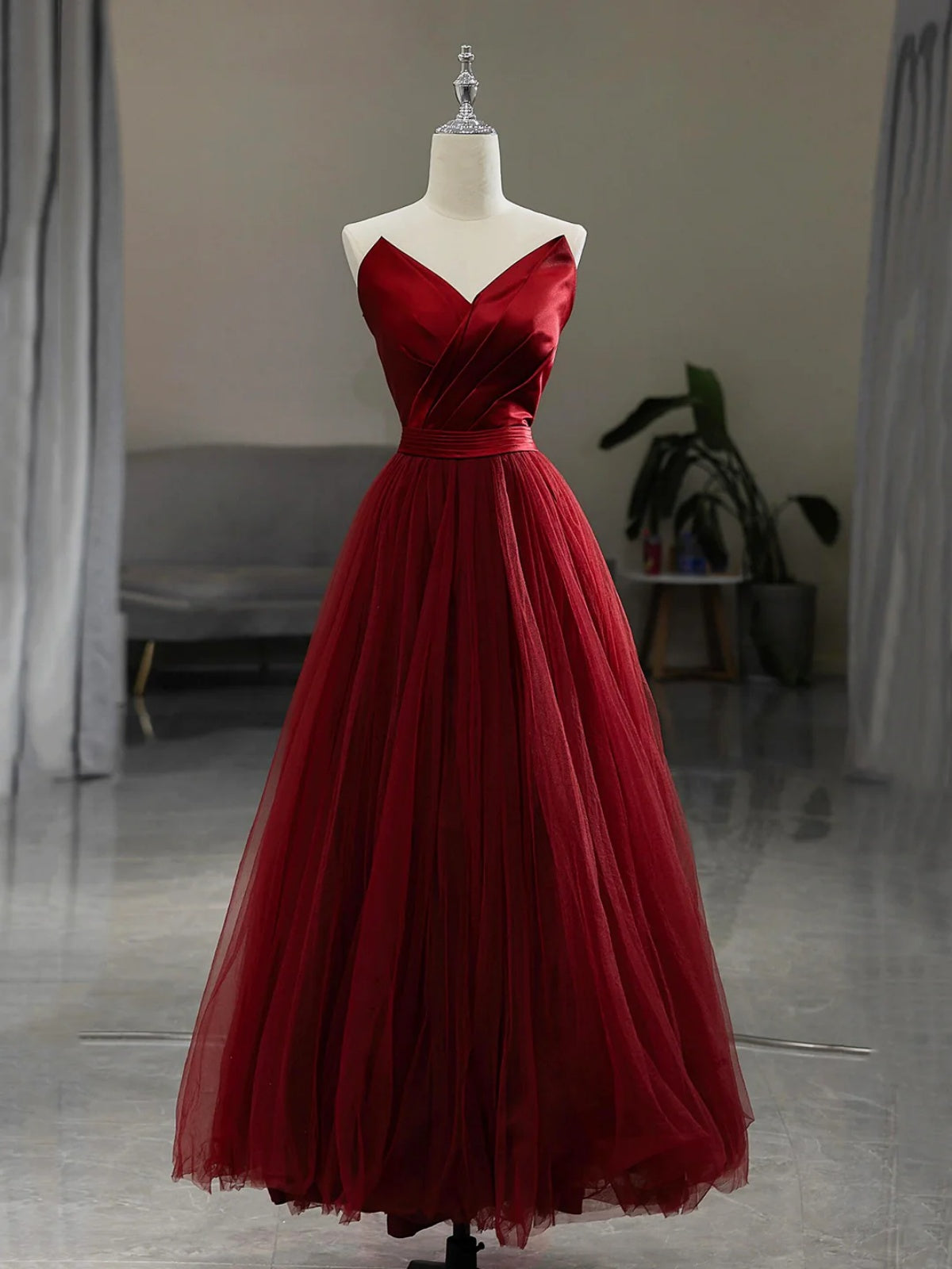 V Neck Burgundy Tulle Long Prom Dresses, Wine Red Long Tulle Formal Ev - shegown V Neck Burgundy Tulle Long Prom Dresses, Wine Red Long Tulle Formal Ev - shegown