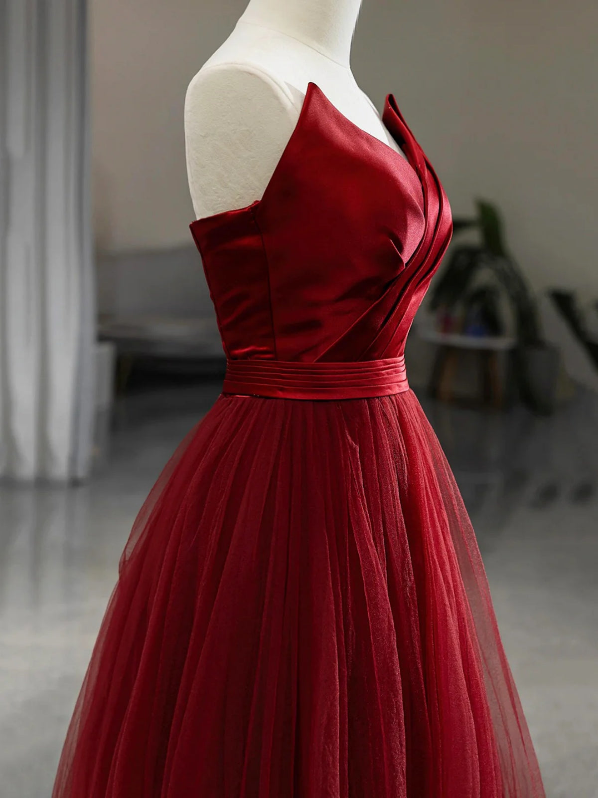 V Neck Burgundy Tulle Long Prom Dresses, Wine Red Long Tulle Formal Ev - shegown V Neck Burgundy Tulle Long Prom Dresses, Wine Red Long Tulle Formal Ev - shegown