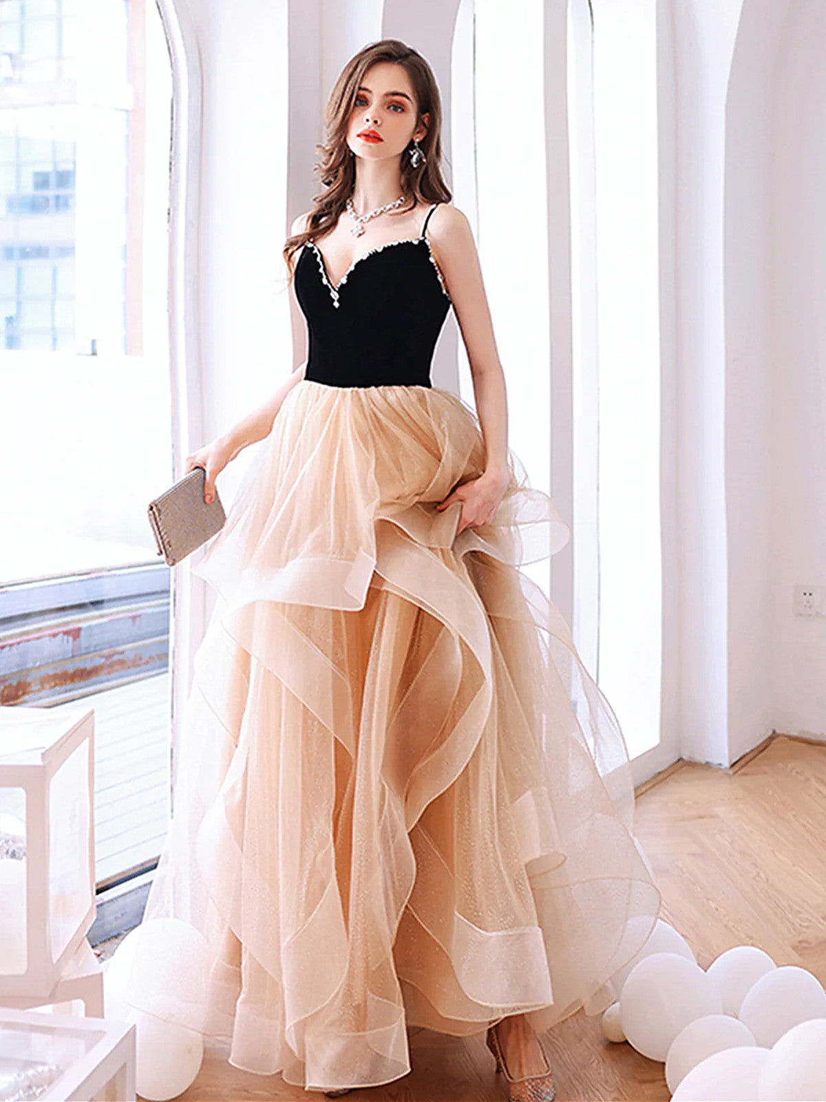 V Neck Champagne Black Long Prom Dresses, Champagne Black Long Formal Evening Dresses V Neck Champagne Black Long Prom Dresses, Champagne Black Long Formal Evening Dresses