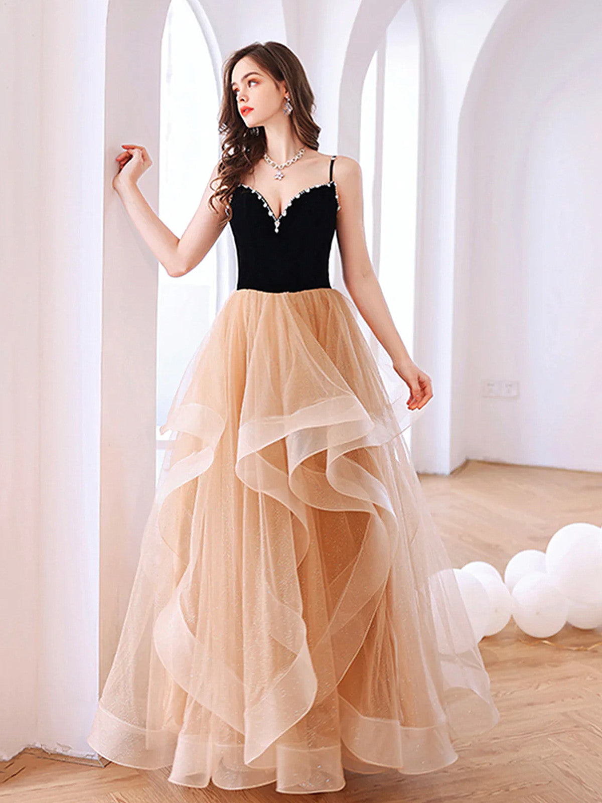V Neck Champagne Black Long Prom Dresses, Champagne Black Long Formal - shegown V Neck Champagne Black Long Prom Dresses, Champagne Black Long Formal - shegown