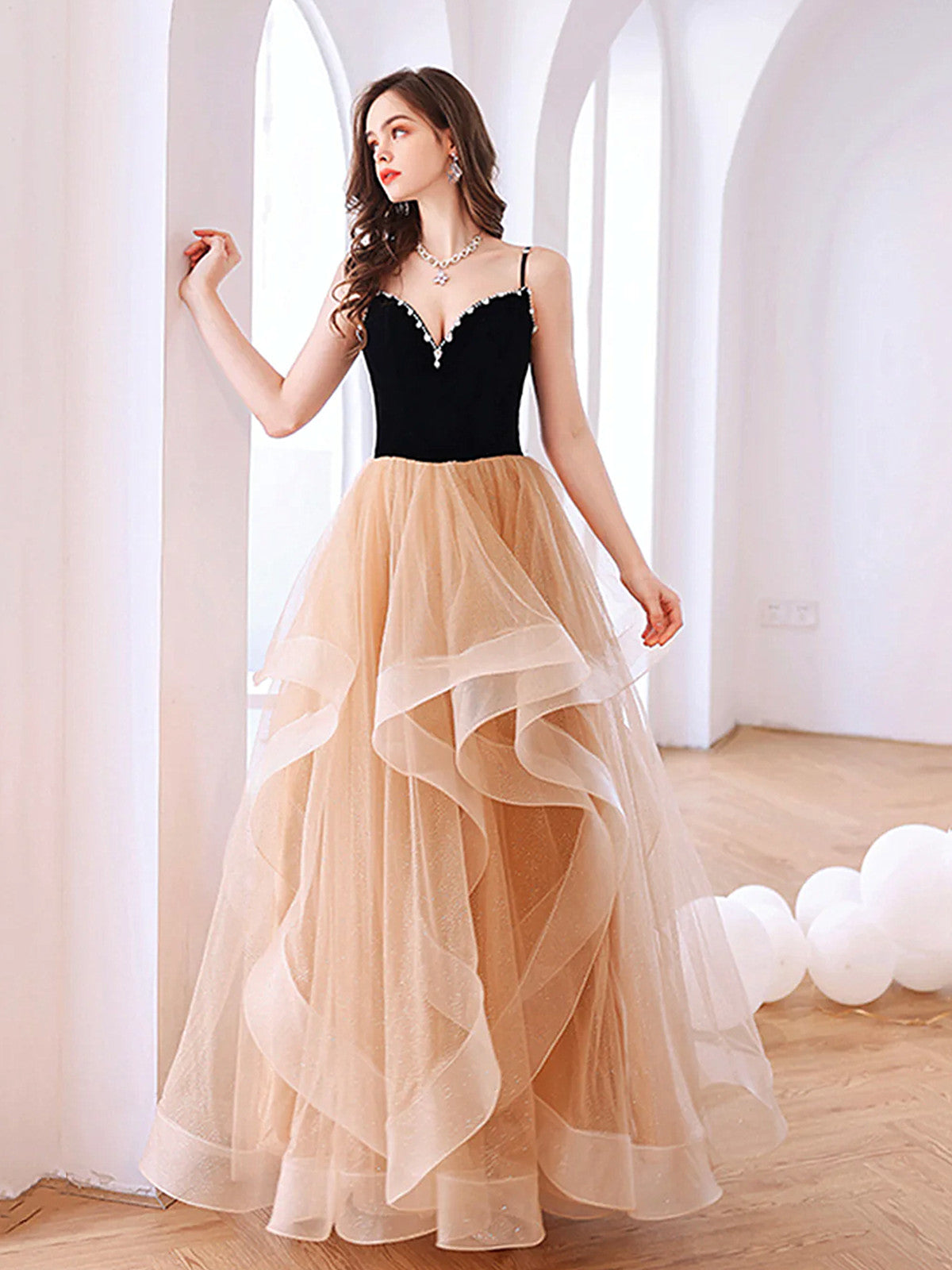V Neck Champagne Black Long Prom Dresses, Champagne Black Long Formal - shegown V Neck Champagne Black Long Prom Dresses, Champagne Black Long Formal - shegown