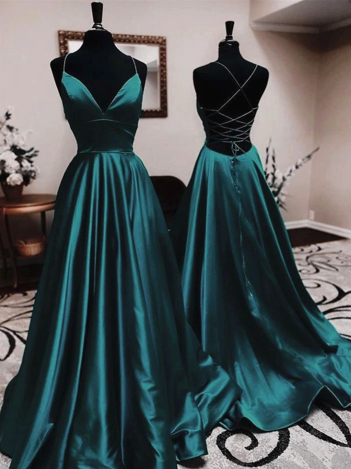 V Neck Dark Green Backless Long Prom Dresses, Open Back Green Long For