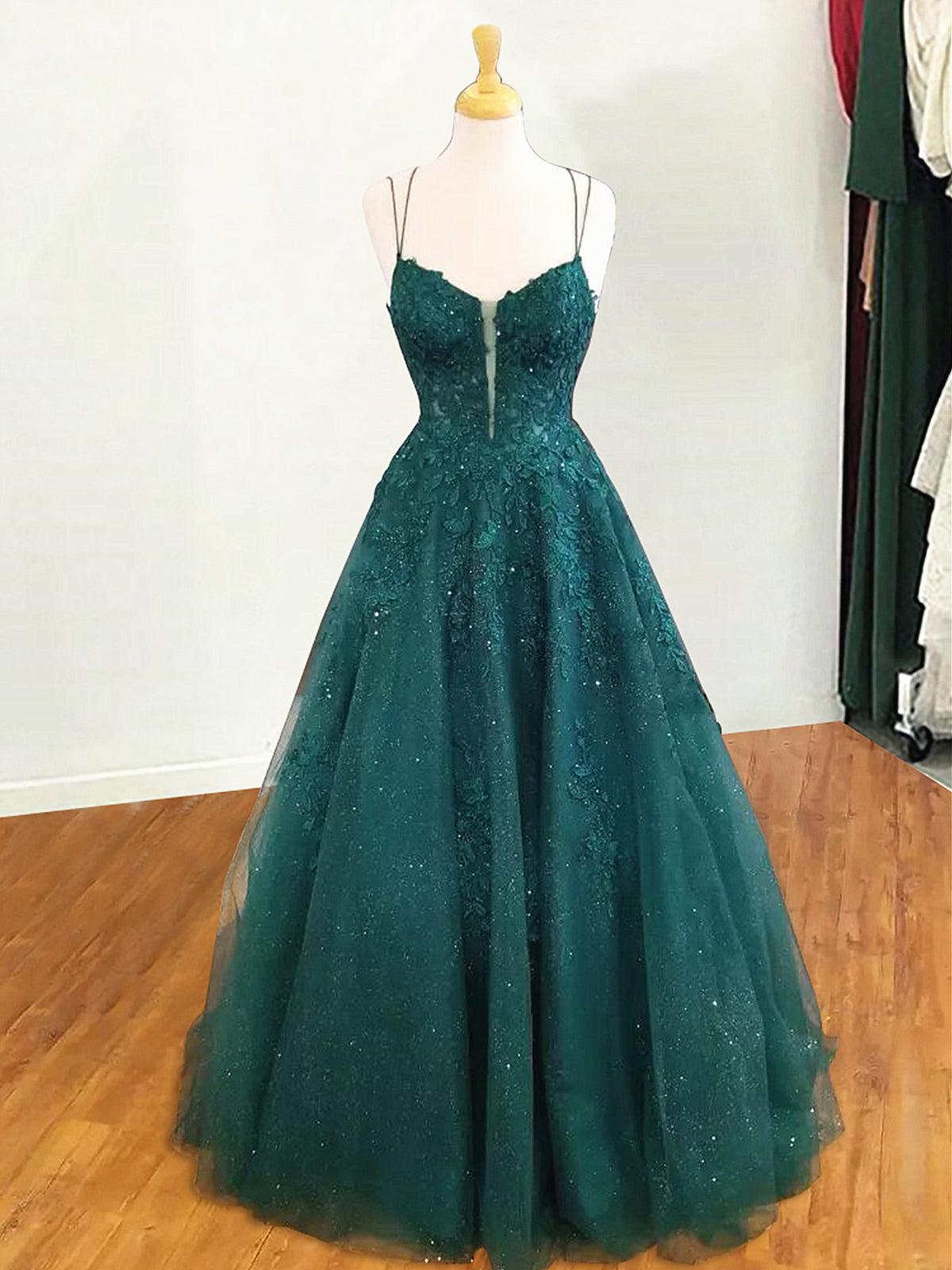 V Neck Dark Green Lace Long Prom Dresses, Dark Green Long Lace Formal - shegown V Neck Dark Green Lace Long Prom Dresses, Dark Green Long Lace Formal - shegown