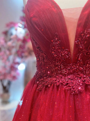 V Neck Dark Red Beaded Long Prom Dresses, Burgundy Long Beaded Formal Evening Dresses