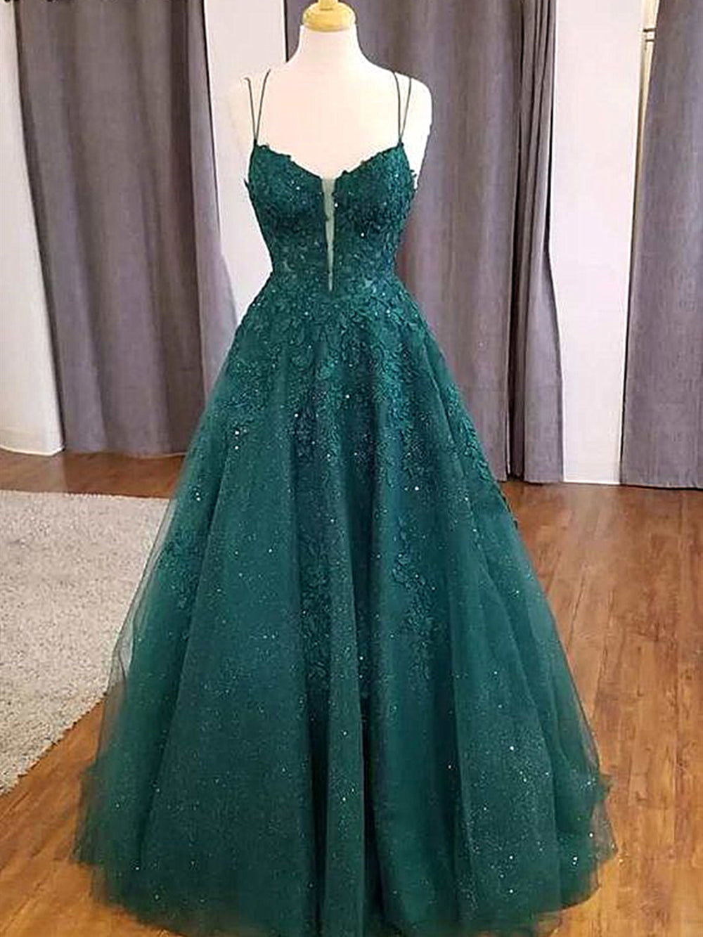 V Neck Green Lace Prom Dresses, V Neck Green Long Lace Formal Evening