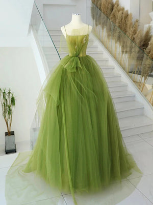 V Neck Green Tulle Long Prom Dresses, Green Tulle Long Formal Evening Dresses