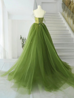 V Neck Green Tulle Long Prom Dresses, Green Tulle Long Formal Evening Dresses