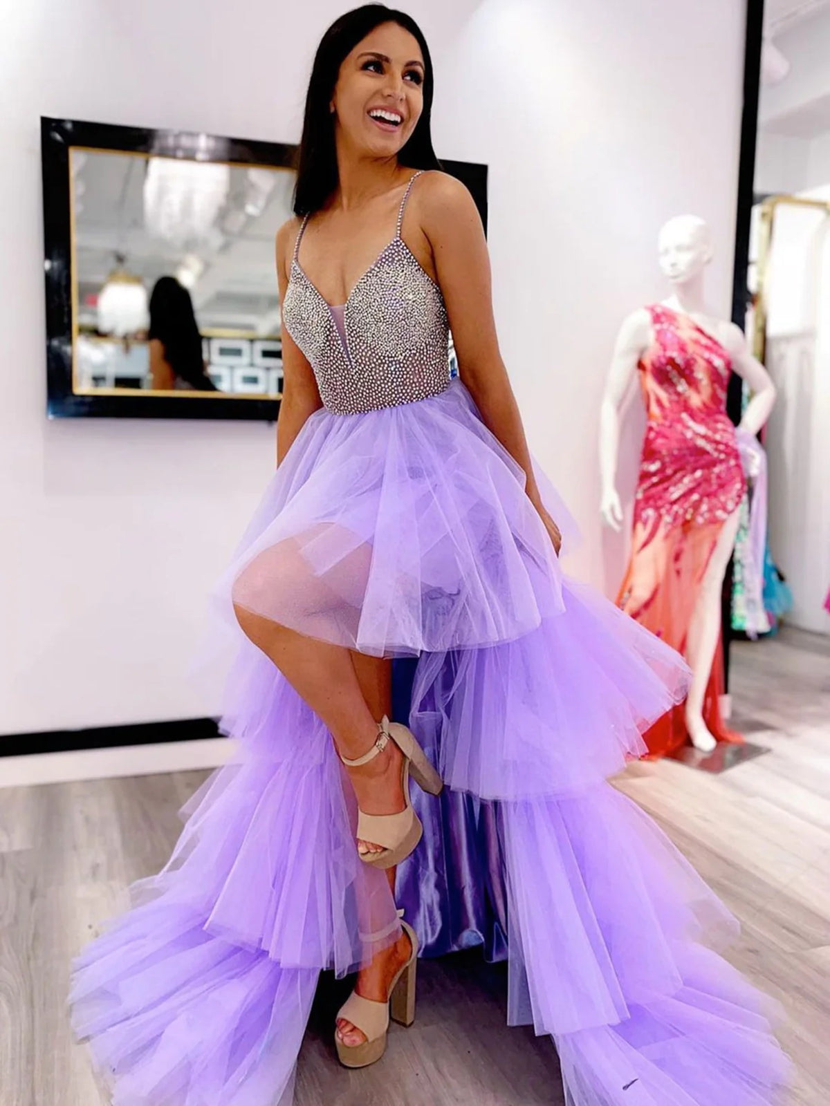 V Neck High Low Layered Lilac Tulle Long Prom Dresses, Beaded High Low - shegown V Neck High Low Layered Lilac Tulle Long Prom Dresses, Beaded High Low - shegown