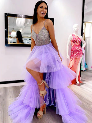 V Neck High Low Layered Lilac Tulle Long Prom Dresses, Beaded High Low Purple Formal Dresses, Lilac Evening Dresses