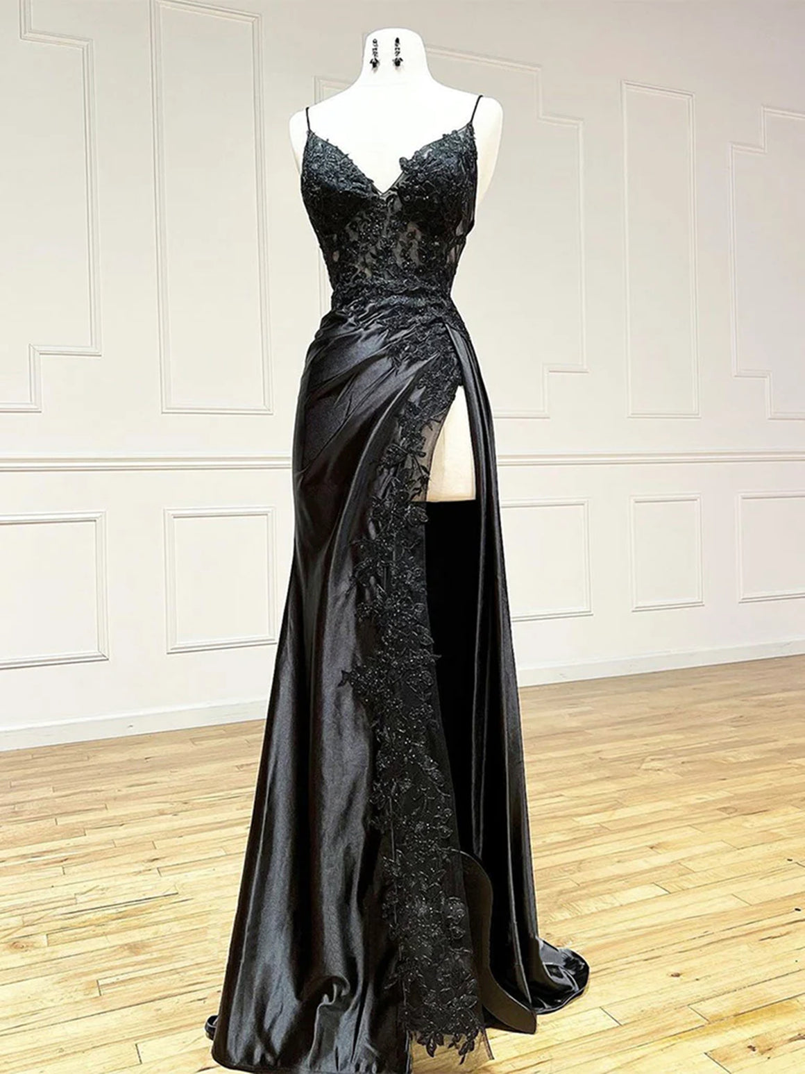 V Neck High Slit Black Lace Prom Dresses, Long Black Lace Formal Evening Dresses