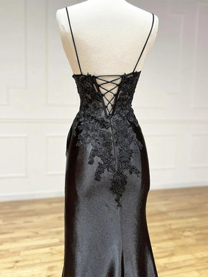 V Neck High Slit Black Lace Prom Dresses, Long Black Lace Formal Evening Dresses